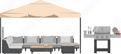Modern Outdoor Patio with Cozy Seating, Stylish Canopy, High-End Grill Setup, Perfect for Relaxation, Entertaining, and Al Fresco Dining flat vector illustration