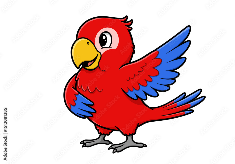Fototapeta premium Cartoon Parrot with Red Feathers and Blue Wing Details