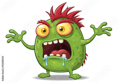 Cartoon Green Monster with Red Hair Screaming and Crying