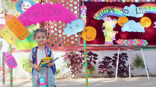cute indian child with school bag smiling on first day at school