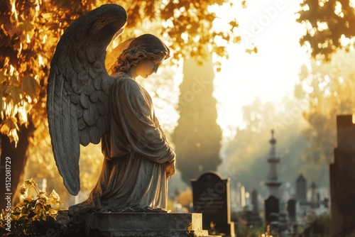 Graceful Stone Angel Statue Illuminated by Sunlight photo