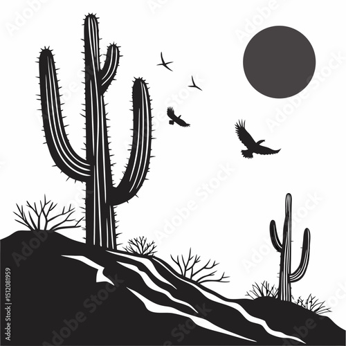 Desert landscape with cacti and birds silhouette