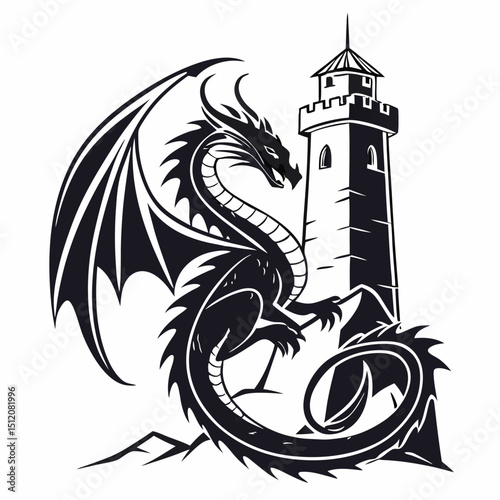 Black dragon guarding medieval tower illustration