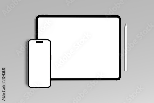 Blank tablet, smartphone, and pencil mockup with grey background 
