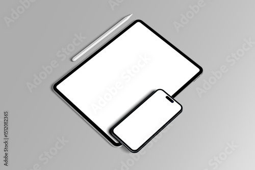 Blank tablet, smartphone, and pencil mockup with grey background 