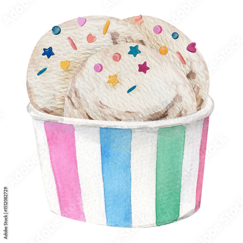 watercolor hand made iillustration wirh three scoops of ice cream and sprinkles of candy in a coloful striped cup