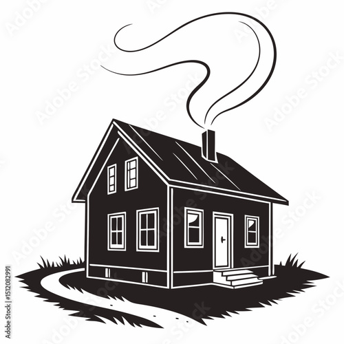Cozy black and white cottage house illustration