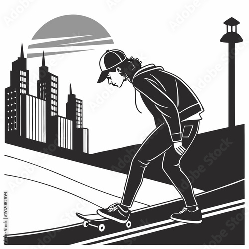 Young person skateboarding in city landscape