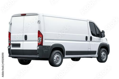 White Panel Van Mockup, Three-Quarter Rear View, Isolated on Transparent Background, Delivery Vehicle, Delivery Van, Cargo Van, Transportation