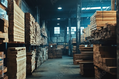 Lumber stacks in industrial timber warehouse photo