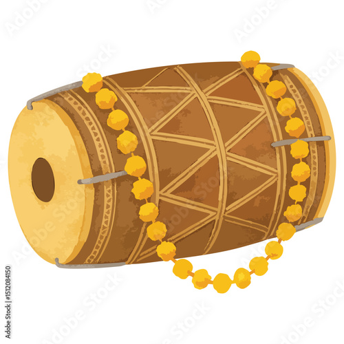 Watercolour Traditional Indian Dhol Drum with Marigold Garland
