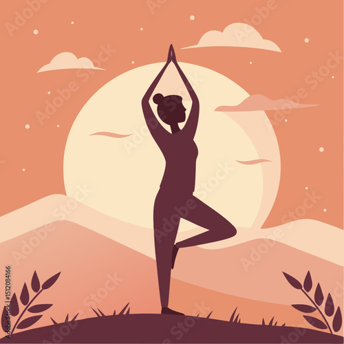 Woman silhouette practicing yoga at sunset