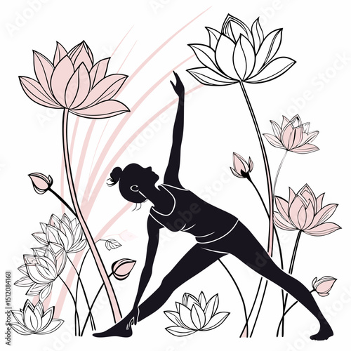 Woman practicing yoga pose among lotus flowers