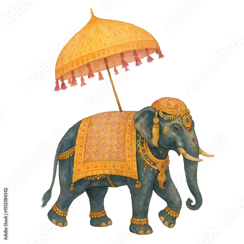 Watercolour Art of an Elephant in Traditional Fabric and Jewels with a Umbrellas on Top