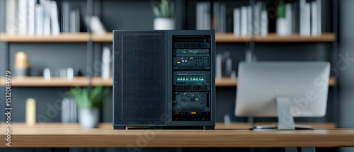 Modern Stylish Dark Computer Case On Wooden Table In Office