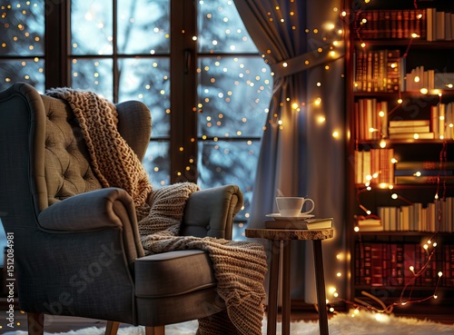 Cozy reading nook with a blue armchair, warm blanket, and a cup on a wooden table. Bookshelves filled with books and fairy lights create a warm atmosphere.
