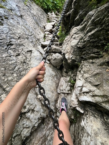 Climbing a rocky path with a chain in a natural landscape during daylight hours