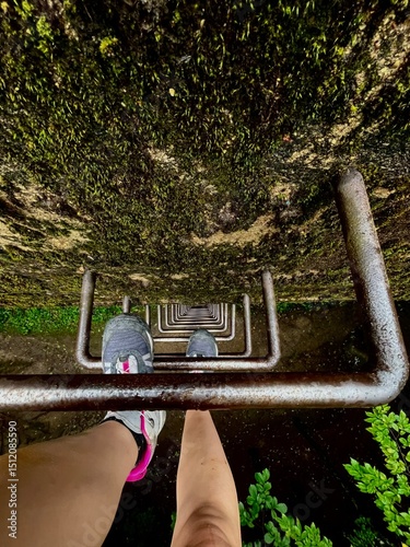 Person climbing a rusty ladder on a moss covered wall surrounded by lush greenery during daylight