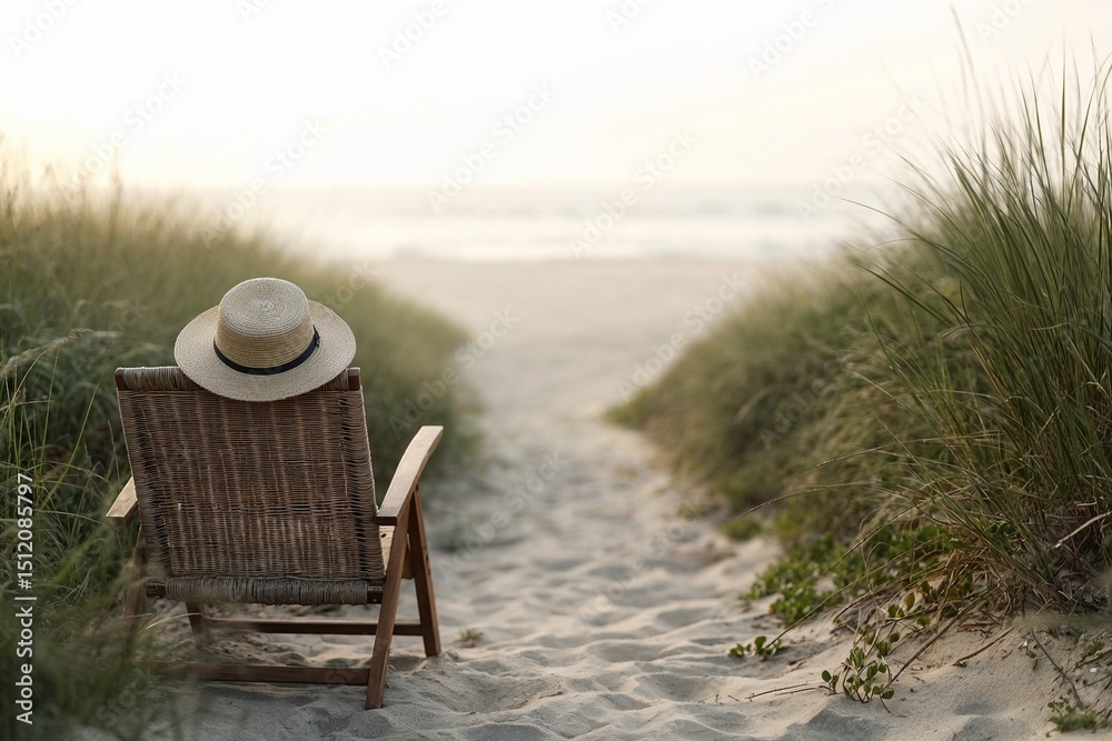 Fototapeta premium Wicker chair with straw hat facing beach at sunrise