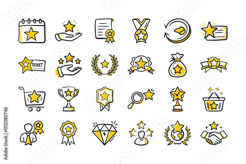 Hand-Drawn Star and Award Icon Set – Badges, Medals, Ratings, and Recognition Symbols

