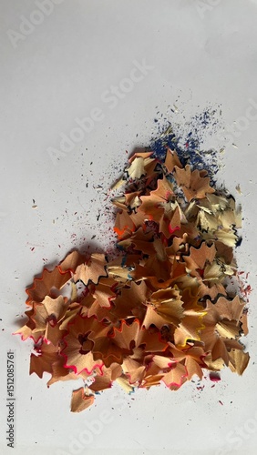 Shavings of colored pencils create a vibrant display on a white surface showcasing artistic creativity and playfulness