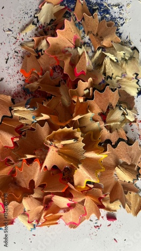 Colorful pencil shavings scattered on a white surface create an artistic and vibrant composition perfect for creative projects