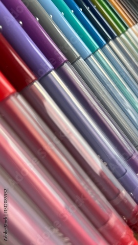 Colorful arrangement of writing instruments in a creative workspace during daylight hours