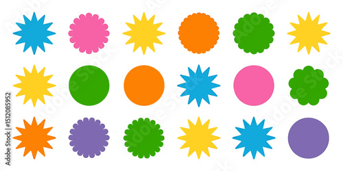 Vibrant Collection of Twelve Colorful Geometric Shapes A Diverse Set of Starburst and Circle Designs