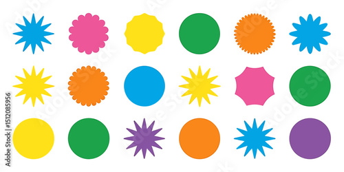 Vibrant Collection of Twelve Colorful Geometric Shapes A Diverse Set of Starburst and Circle Designs