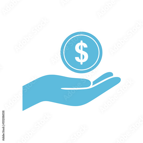 A Stylized Blue Hand Receiving a Dollar Coin Financial Growth and Prosperity Icon