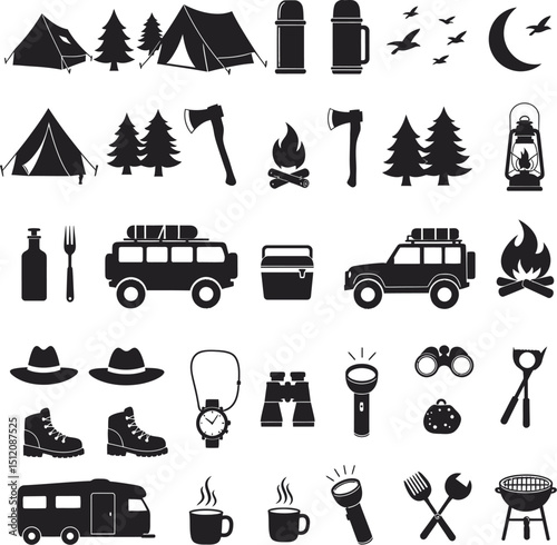 camping icons set, Set of camping and hiking elements in doodle style Hand drawn vector illustration isolated on white background