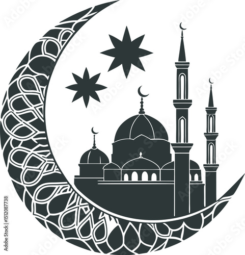Warm Eid Al Adha Mubarak Illustration with Brown & White Goat, Mosque Silhouettes, Gradient Sky, Golden Crescent Moon, Star & Lantern Decorations