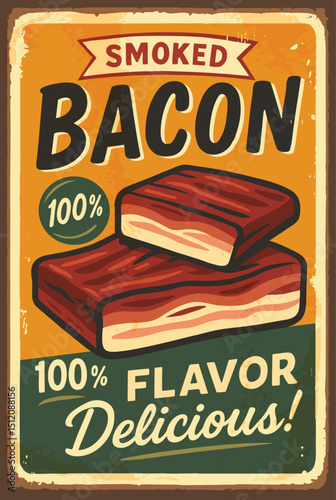 Retro Butchery Sign with Smoked Bacon – Pork Meat Vector Illustration for Food Advertisement