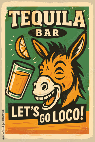 Happy donkey enjoying tequila – retro comic style poster for tequila bar, vintage animal vector illustration