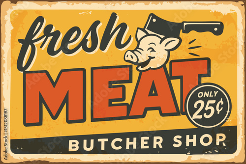Fresh meat retro sign with pig and cleaver – vintage comic style butcher shop vector illustration