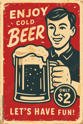Ice cold beer retro sign – vintage comic style poster with man toasting in bar