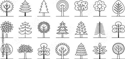 24 Minimalist Tree Line Art Icons for Eco-Friendly Design Projects and Illustrations Nature-Inspired Vector Graphics for Adobe Stock SEO Optimization