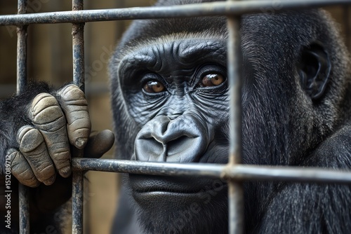 Gorilla Behind Bars Sad Captive Expression