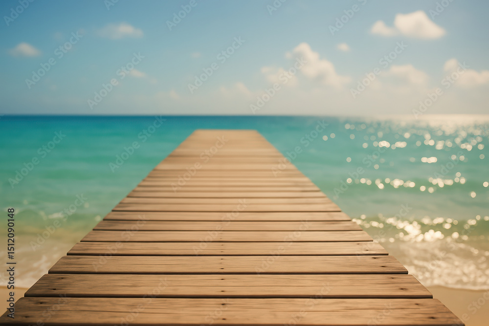 Fototapeta premium Serene ocean view from a wooden pier leading into turquoise waters. copy space. summer background