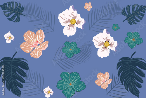 This fabric design features soft pink flowers with delicate petals on a light blue background, creating a fresh, springtime feel.