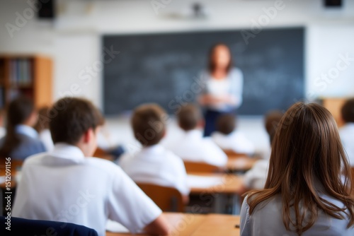 Classroom with Teacher and Students in Uniform, Focused on Learning