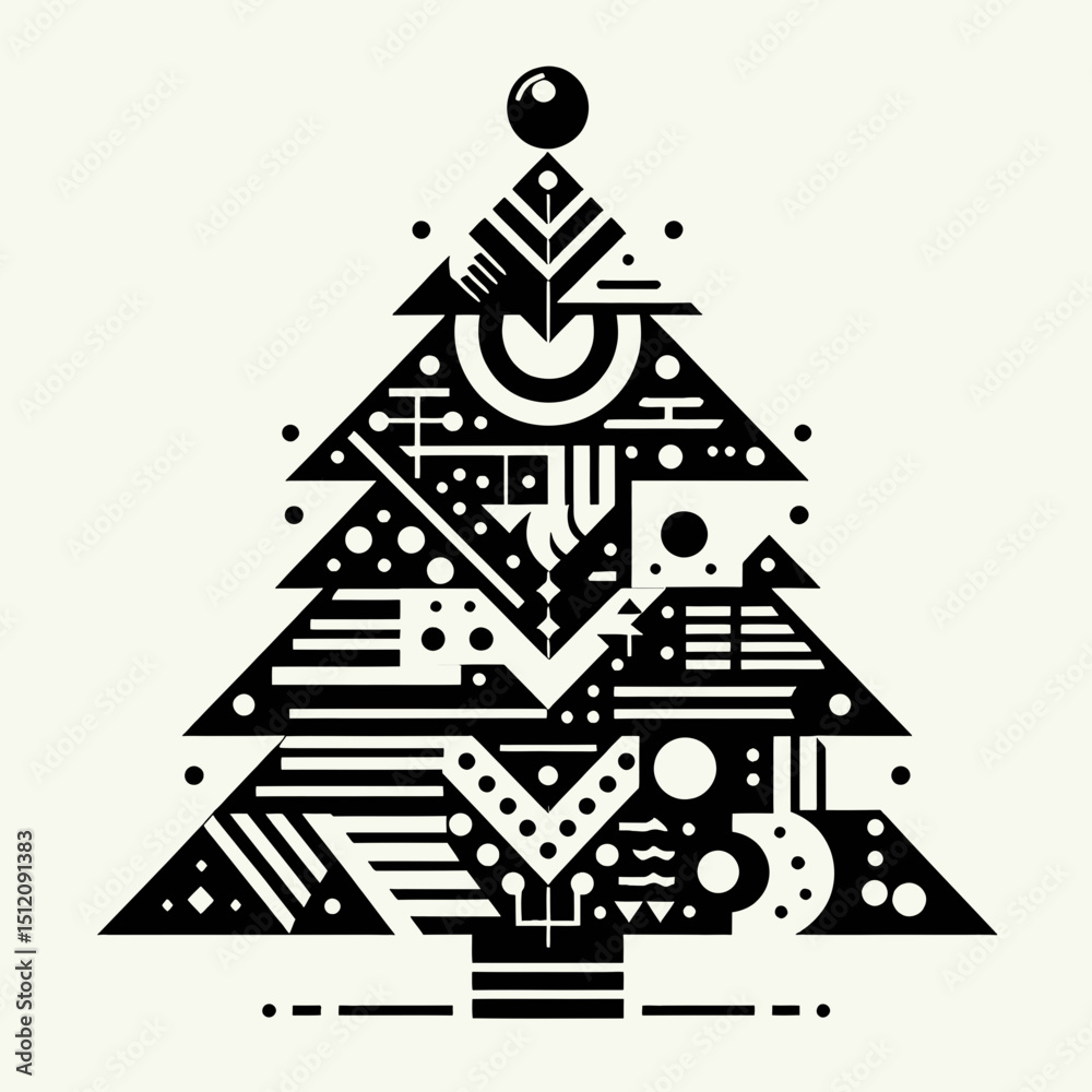 Fototapeta premium A geometric Christmas tree with intricate black and white patterns, ideal for holiday, modern design, or abstract art websites and blogs.