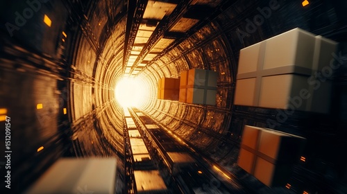 Futuristic Package Delivery System: Boxes Glide Through a Glowing Tunnel