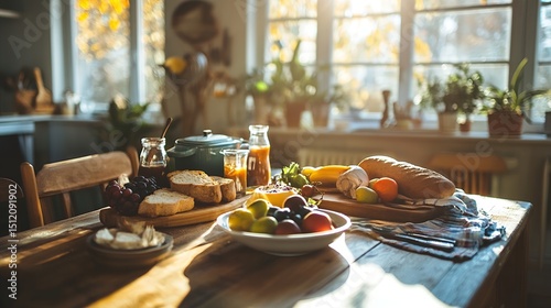 Rustic Kitchen Table Breakfast Scene: Sunlit Morning Meal with Bread, Fruit, and Cheese