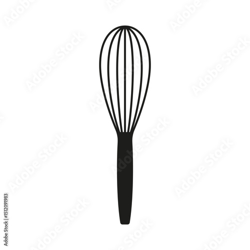 Minimalist black silhouette of a kitchen whisk on a white background, ideal for culinary, baking, or kitchen-related design and branding.