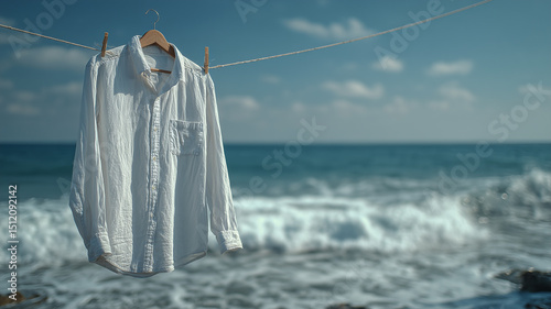 A freshly washed white shirt hanging on a clothesline
