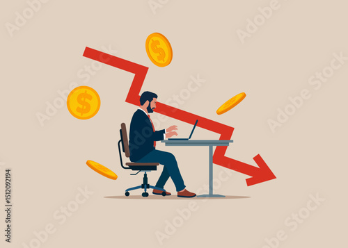 No money. Broke software engineer dreaming of money. Desire for money. Loan repayment, installment plan. Modern flat vector illustration.