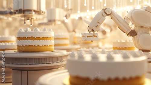 Automated Cake Production Line: Robotic Arms Decorating Delicious Layers in a Modern Bakery