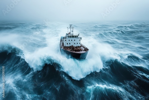 Freight ship battles waves in stormy ocean photo