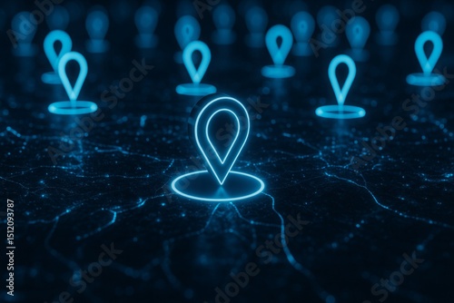 Glowing Neon Location Pins Digital Map Network Technology Abstract Background Futuristic Modern Design Blue Light Elegant Shiny Glowing Markers Global Positioning System Navigation App Interface      